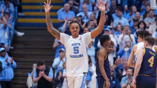 Mar 5, 2024; Chapel Hill, North Carolina, USA; North Carolina Tar Heels forward Armando Bacot (5) acknowledges the crowd on senior night during the second half against the Notre Dame Fighting Irish at Dean E. Smith Center.